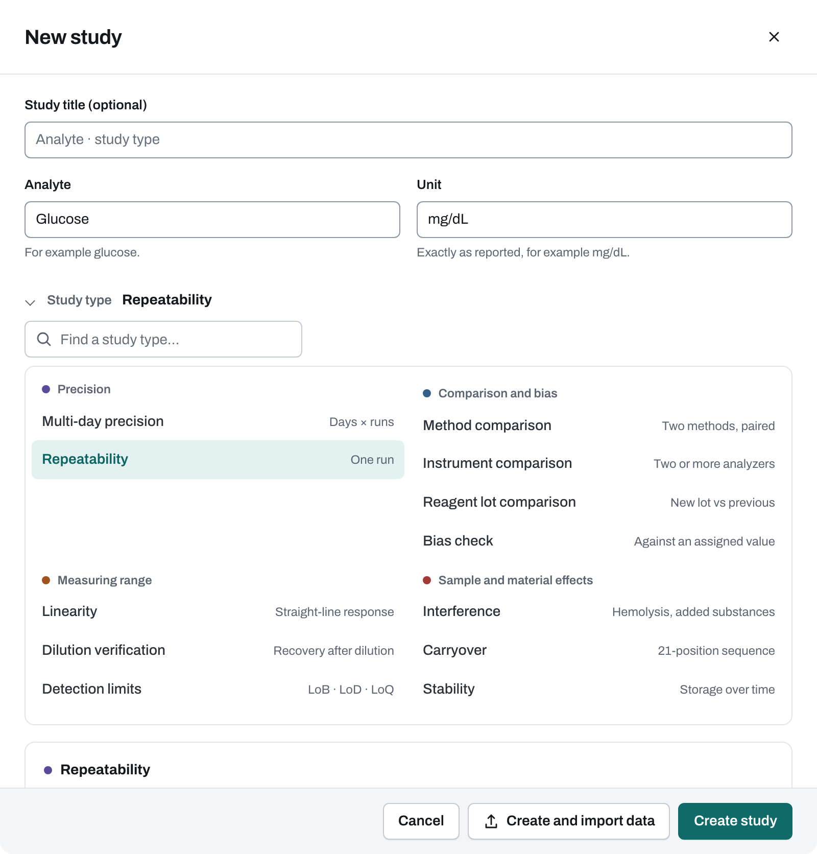 The New study dialog, with studies grouped by the question they answer and Repeatability selected.
